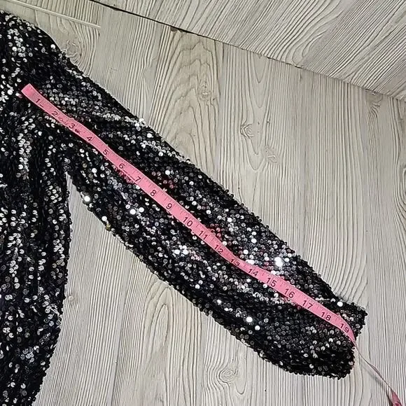 ICHI Wilde Black Silver Sequin Long Sleeve Dress V Neck Open Back Medium NEW - Picture 12 of 13